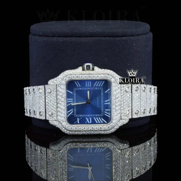 Blue Dial White Roman Numerals Full Iced Out Moissanite Watch Close Up Front View