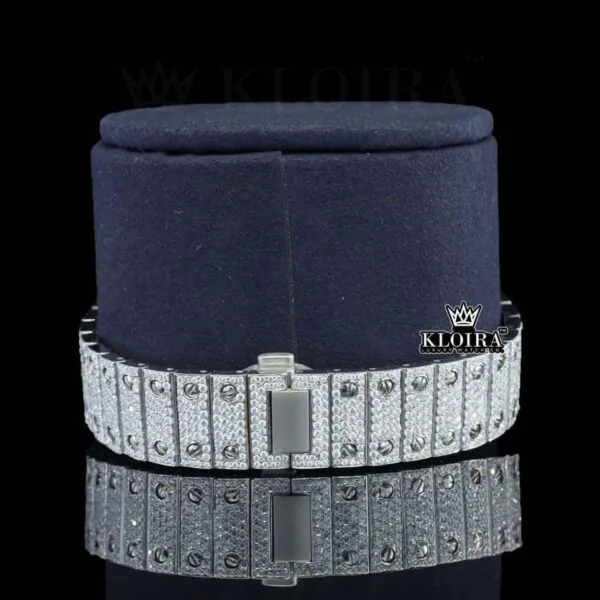 Blue Dial White Roman Numerals Full Iced Out Moissanite Watch Crown View