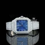 Blue Dial White Roman Numerals Full Iced Out Moissanite Watch