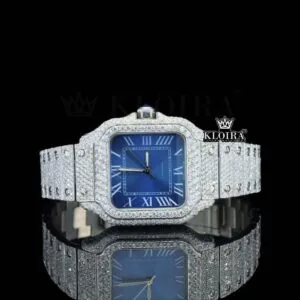 Blue Dial White Roman Numerals Full Iced Out Moissanite Watch