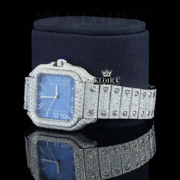 Blue Dial White Roman Numerals Full Iced Out Moissanite Watch Left Profile View