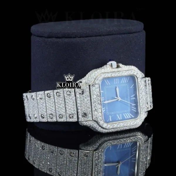Blue Dial White Roman Numerals Full Iced Out Moissanite Watch Right Profile View