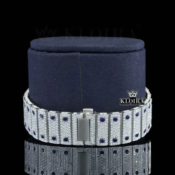 Blue Diamond Bezel Roman Dial Two Tone Moissanite Watch Bracelet View