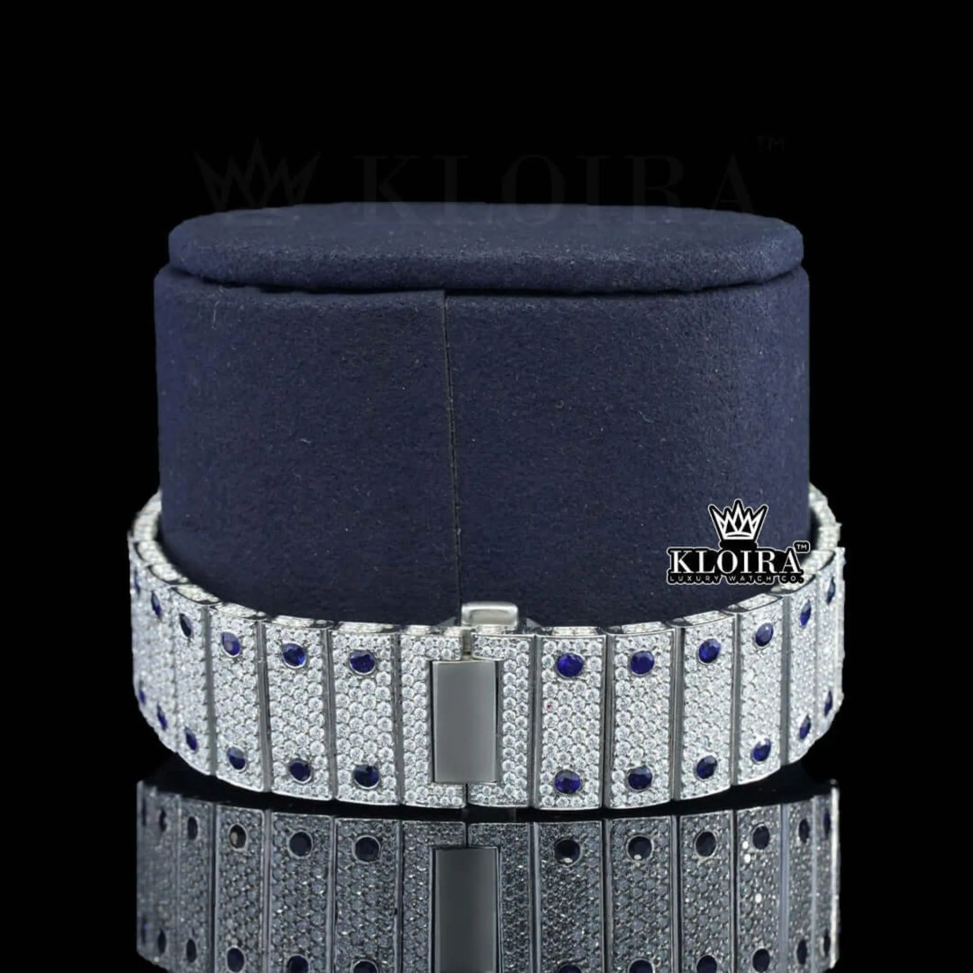 Blue Diamond Bezel Roman Dial Two Tone Moissanite Watch Bracelet View