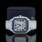 Blue Diamond Bezel Roman Dial Two Tone Moissanite Watch Close Up Dial View