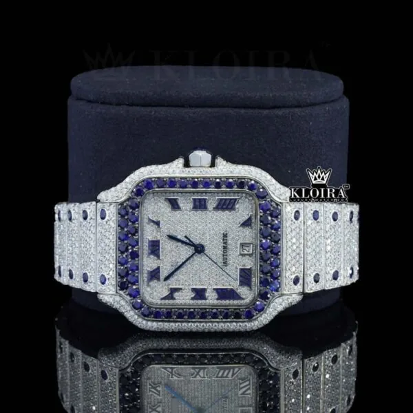 Blue Diamond Bezel Roman Dial Two Tone Moissanite Watch Close Up Dial View