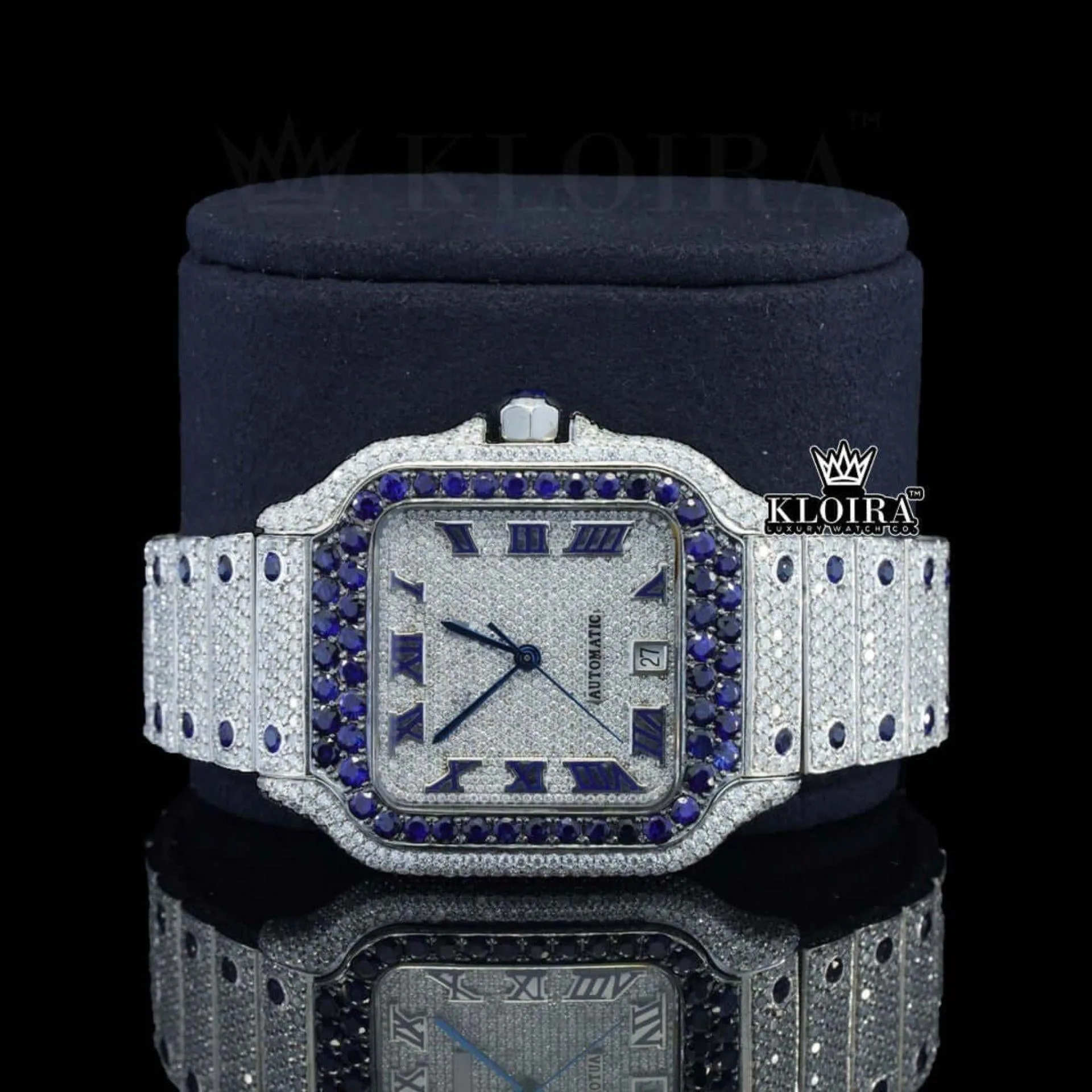 Blue Diamond Bezel Roman Dial Two Tone Moissanite Watch Close Up Dial View