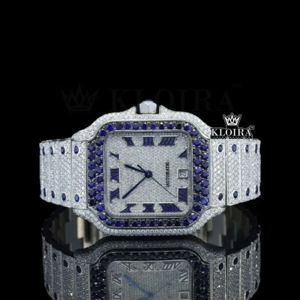 Blue Diamond Bezel Roman Dial Two Tone Moissanite Watch Close Up Front View