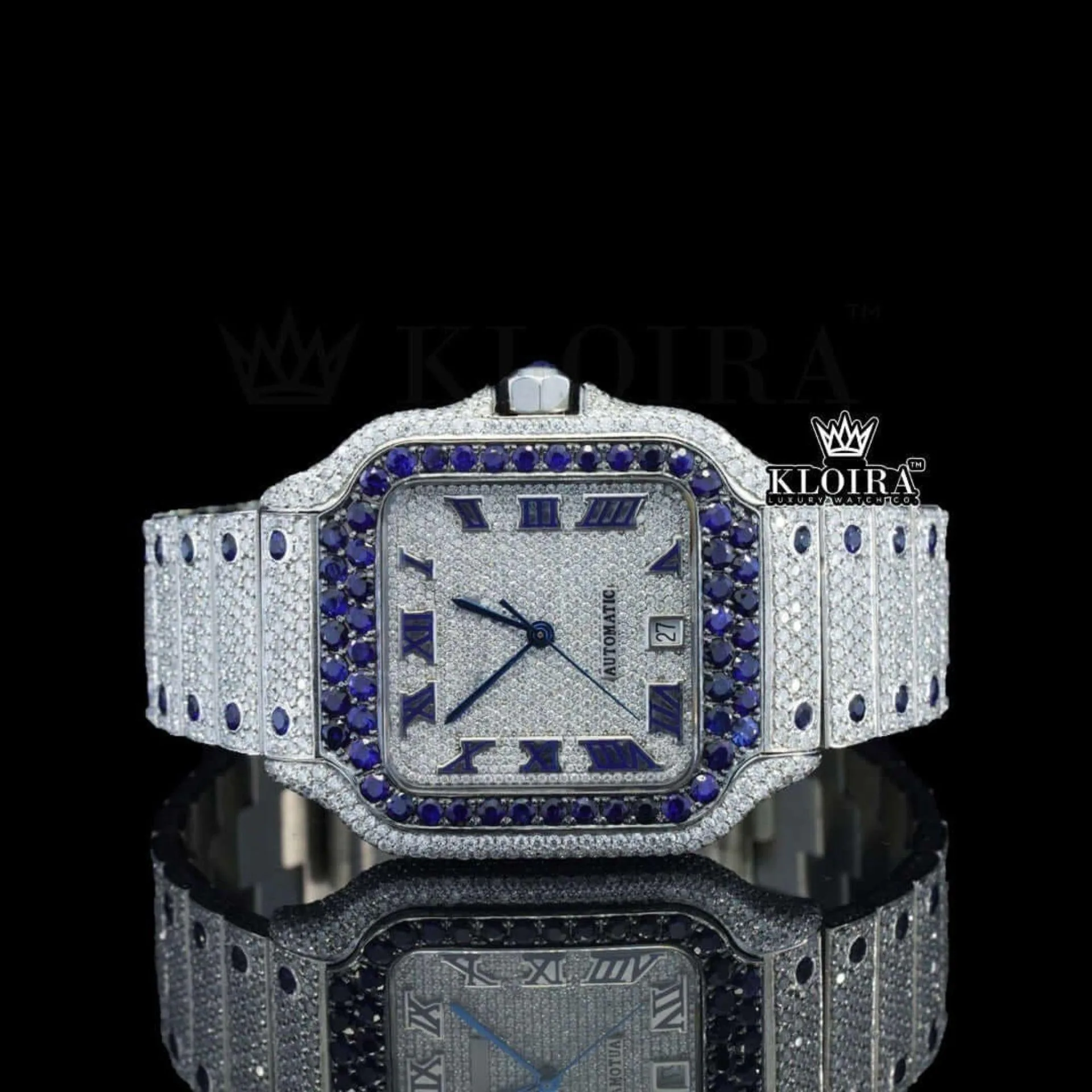 Blue Diamond Bezel Roman Dial Two Tone Moissanite Watch Close Up Front View