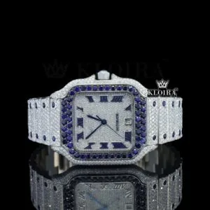 Blue Diamond Bezel Roman Dial Two Tone Moissanite Watch