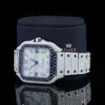 Blue Diamond Bezel Roman Dial Two Tone Moissanite Watch Left Profile View