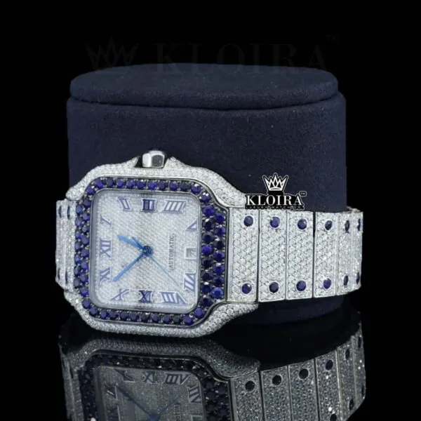 Blue Diamond Bezel Roman Dial Two Tone Moissanite Watch Left Profile View