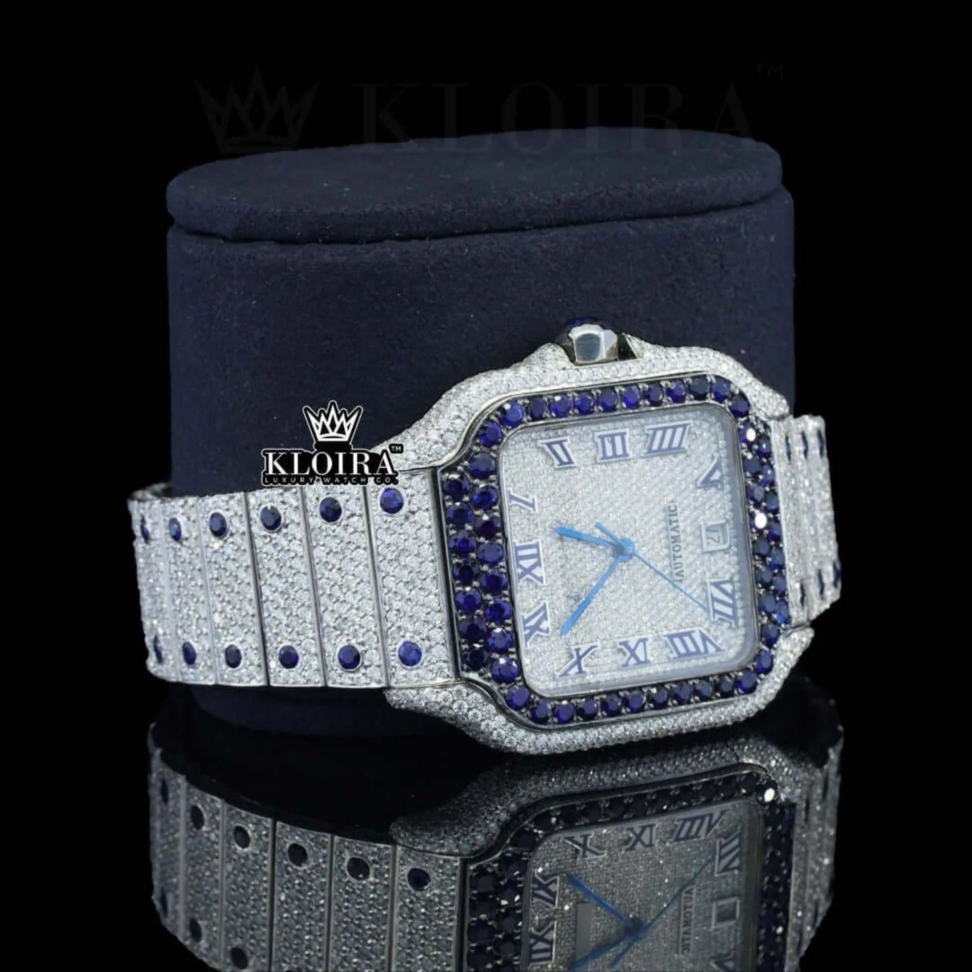 Blue Diamond Bezel Roman Dial Two Tone Moissanite Watch Right Profile View