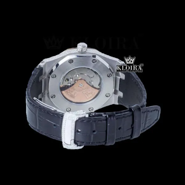 Blue Diamond Bezel Stick Markers Dial Leather Strap Moissanite Watch Caseback View