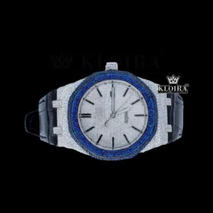 Blue Diamond Bezel Stick Markers Dial Leather Strap Moissanite Watch