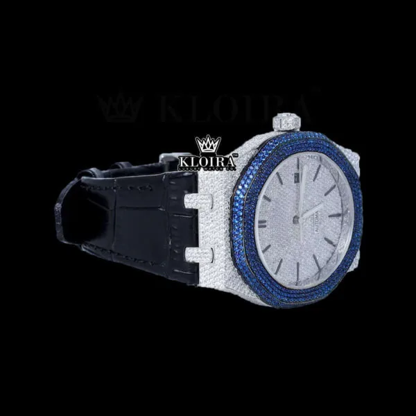 Blue Diamond Bezel Stick Markers Dial Leather Strap Moissanite Watch Right Profile View