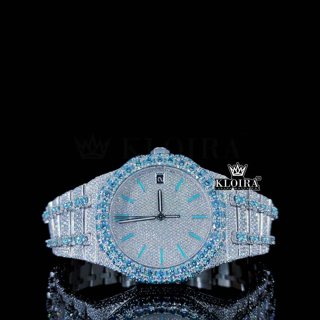 Blue Diamond Bezel Stick Markers White Dial Iced Out Moissanite Watch Front View