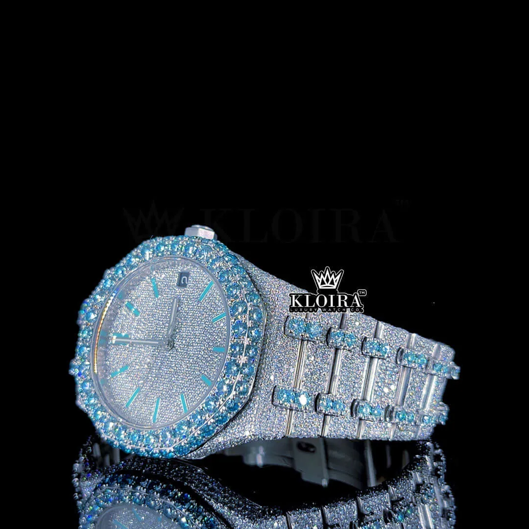 Blue Diamond Bezel Stick Markers White Dial Iced Out Moissanite Watch Left Profile View