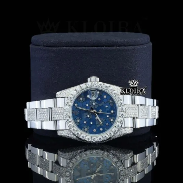 Blue Floral Dial Diamond Markers Fully Iced Out Moissanite Watch Close Up Front View