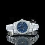 Blue Floral Dial Diamond Markers Fully Iced Out Moissanite Watch