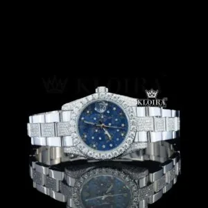 Blue Floral Dial Diamond Markers Fully Iced Out Moissanite Watch