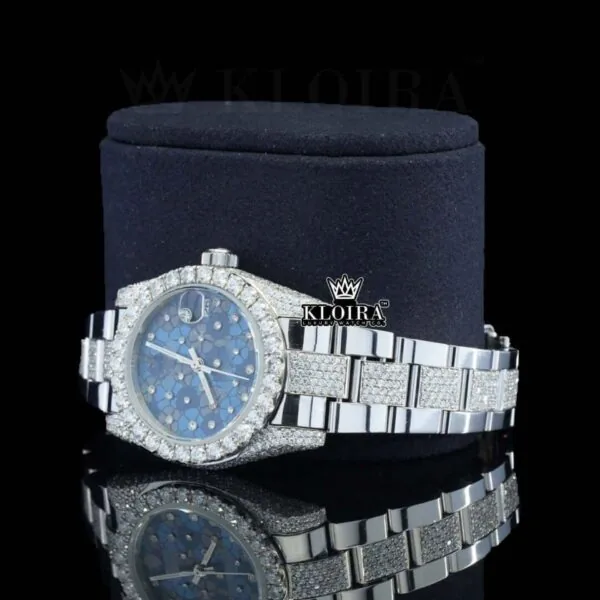 Blue Floral Dial Diamond Markers Fully Iced Out Moissanite Watch Left Profile View