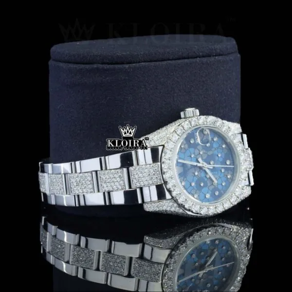 Blue Floral Dial Diamond Markers Fully Iced Out Moissanite Watch Right Profile View