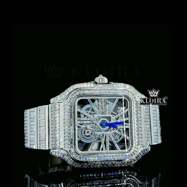 Blue Hands Skeleton Dial Fully Iced Out Baguette Moissanite Watch Close Up Dial View