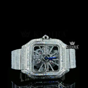Blue Hands Skeleton Dial Fully Iced Out Baguette Moissanite Watch