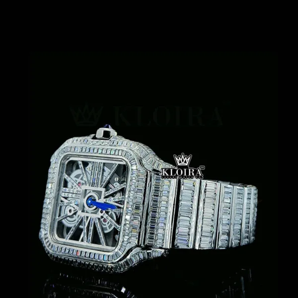 Blue Hands Skeleton Dial Fully Iced Out Baguette Moissanite Watch Left Profile View