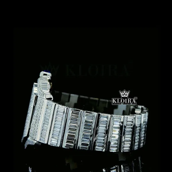 Blue Hands Skeleton Dial Fully Iced Out Baguette Moissanite Watch Left Side Bracelet View