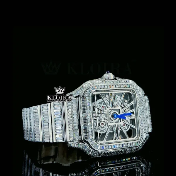 Blue Hands Skeleton Dial Fully Iced Out Baguette Moissanite Watch Right Profile View