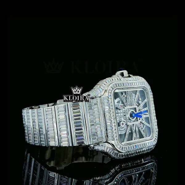 Blue Hands Skeleton Dial Fully Iced Out Baguette Moissanite Watch Right Side View