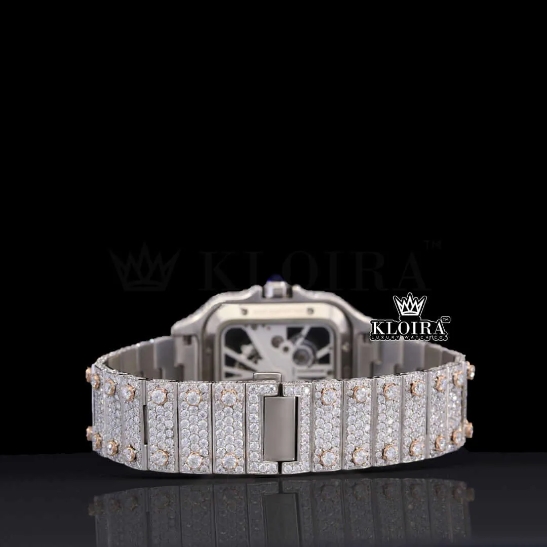 Blue Hands Skeleton Dial Two Tone Iced Out Moissanite Watch Caseback View