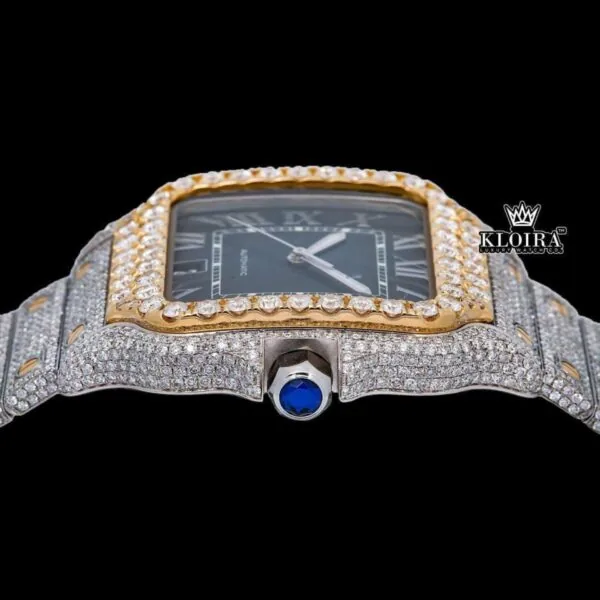 Blue Roman Dial Yellow Gold Bezel Two Tone Moissanite Watch Crown View