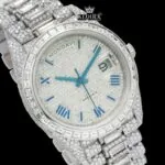 Blue Roman Numerals Dial Baguette Strap Iced Out Moissanite Watch Close Up Dial View