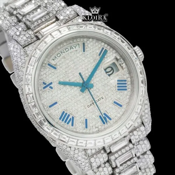 Blue Roman Numerals Dial Baguette Strap Iced Out Moissanite Watch Close Up Dial View
