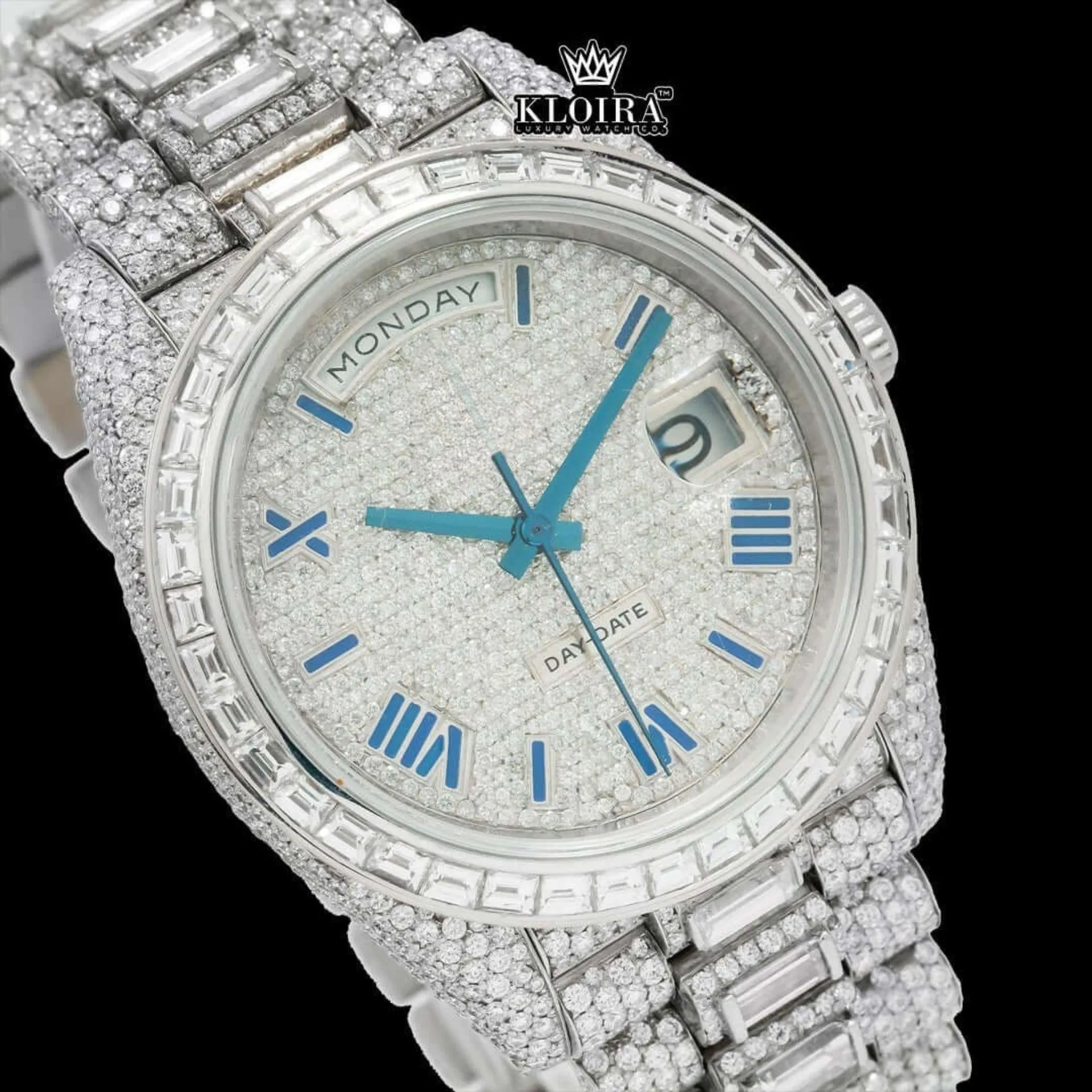 Blue Roman Numerals Dial Baguette Strap Iced Out Moissanite Watch Close Up Dial View