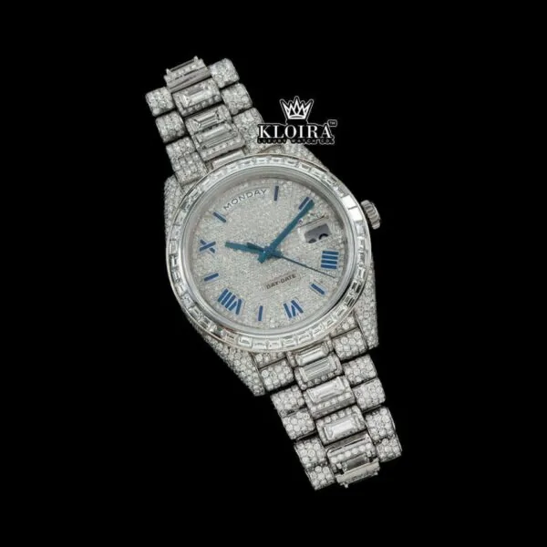 Blue Roman Numerals Dial Baguette Strap Iced Out Moissanite Watch Close Up Front View