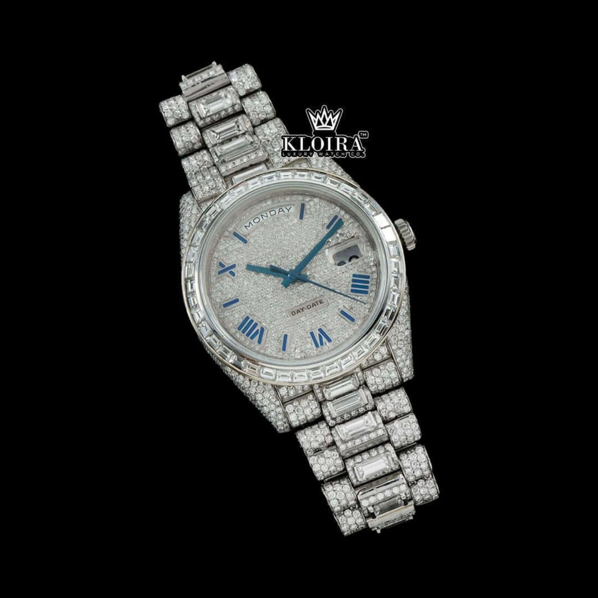 Blue Roman Numerals Dial Baguette Strap Iced Out Moissanite Watch Close Up Front View