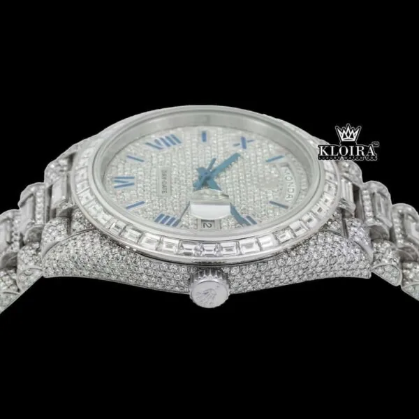 Blue Roman Numerals Dial Baguette Strap Iced Out Moissanite Watch Crown View