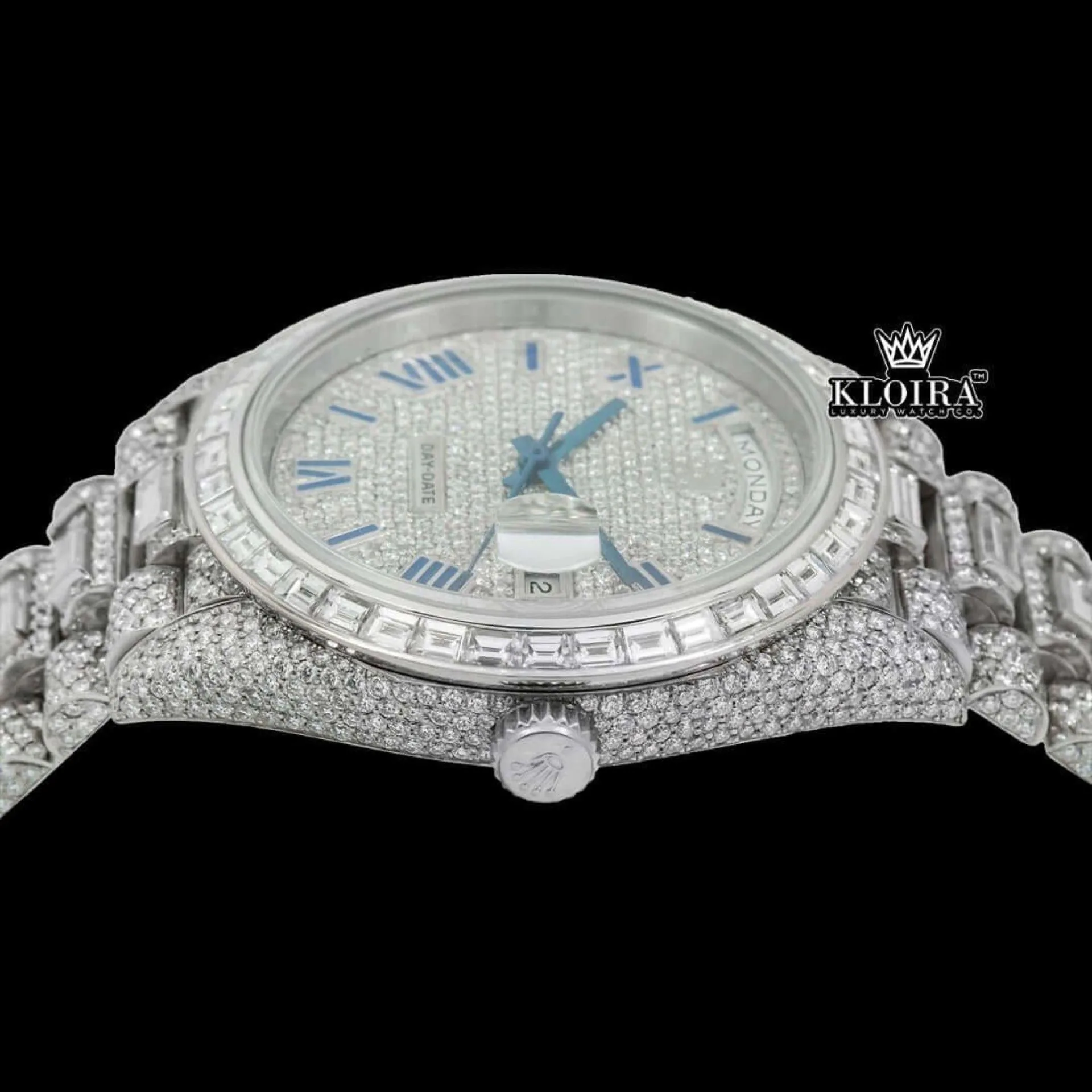 Blue Roman Numerals Dial Baguette Strap Iced Out Moissanite Watch Crown View