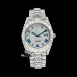 Blue Roman Numerals Dial Baguette Strap Iced Out Moissanite Watch Front View