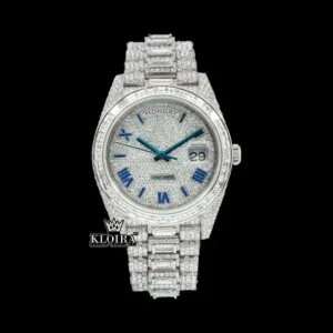 Blue Roman Numerals Dial Baguette Strap Iced Out Moissanite Watch