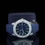 Blue Rubber Strap Blue Dial Semi Iced Moissanite Diamond Watch Close Up Front View