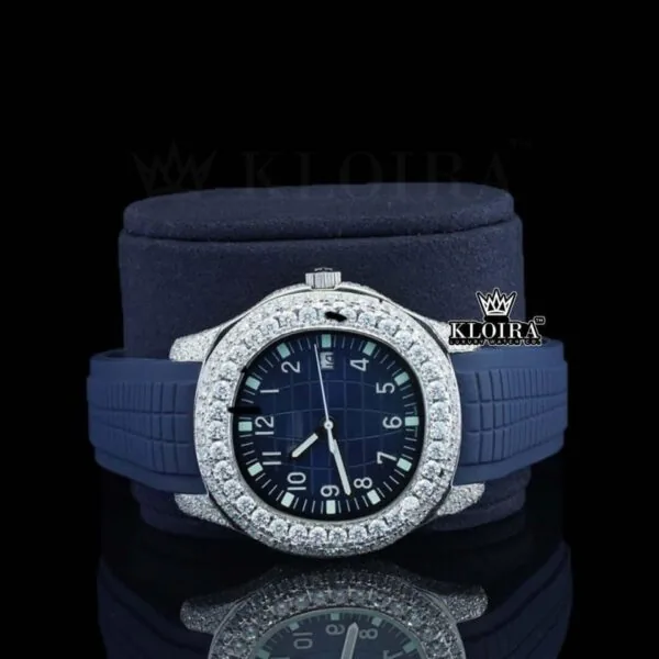 Blue Rubber Strap Blue Dial Semi Iced Moissanite Diamond Watch Close Up Front View