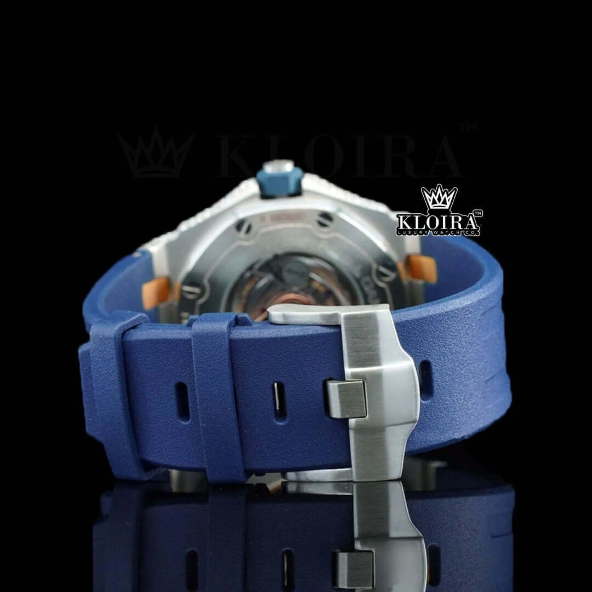 Blue Rubber Strap Blue Dial Semi Iced Out Moissanite Diamond Watch Caseback View