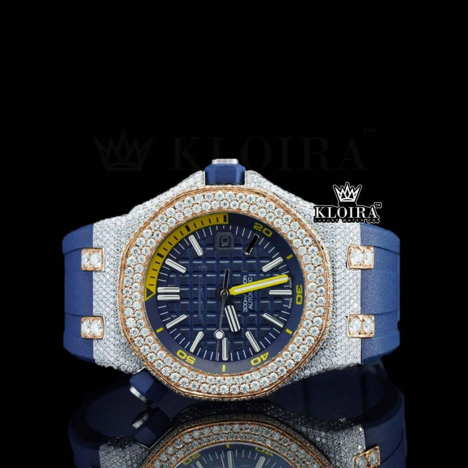 Blue Rubber Strap Blue Dial Semi Iced Out Moissanite Diamond Watch Front View