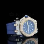 Blue Rubber Strap Blue Dial Semi Iced Out Moissanite Diamond Watch Right Profile View