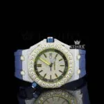 Blue Rubber Strap Iced Out Yellow Dial Moissanite Watch